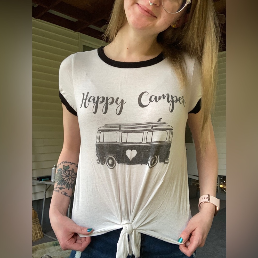 Atticute Brand - Women’s White and Black Graphic “Happy Camper” Crop Top